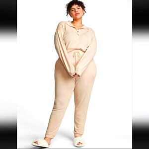 PINK Victoria's Secret Thermal Sleep Set Cropped Shirt Polo Jogger Pants Size L